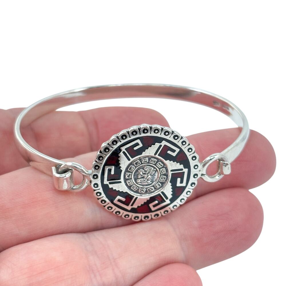 Vintage Sterling Silver 925 Jasper Inlay Mayan Calendar Hook Bracelet | 6.75"